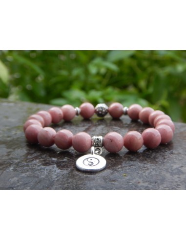 Bracelet en rhodonite, perles de 8 mm et sa médaille yin yang