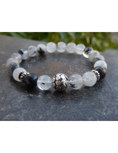 Bracelet en quartz rutile, perles 8 mm et sa perle de Bali