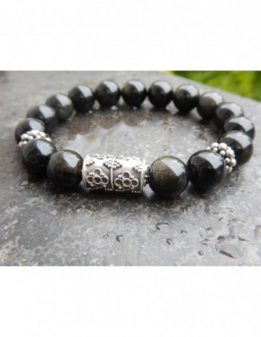 Bracelet en pierres naturelles d'obsidienne dorée en perles de 10 mm et sa perle de Bali en argent