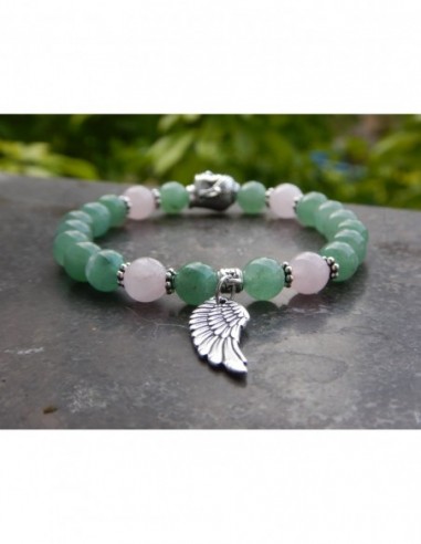 Bracelet en aventurine et quartz rose, médaille aile d'ange et perle bouddha en métal argenté