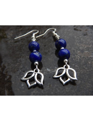 Paire de boucles d'oreilles en lapis lazuli et ses médailles fleur de lotus  argentées