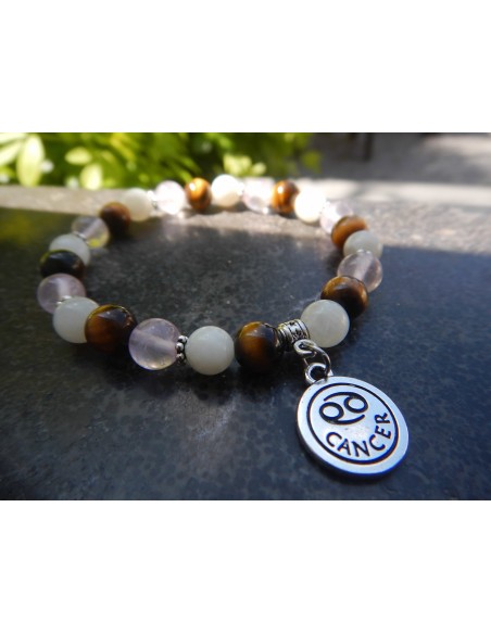 Bracelet en pierre de lune, quartz rose et oeil du tigre ...