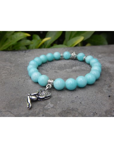 Bracelet en Amazonite du Pérou, perles bleues turquoise de 8 mm et sa médaille fée en métal argenté